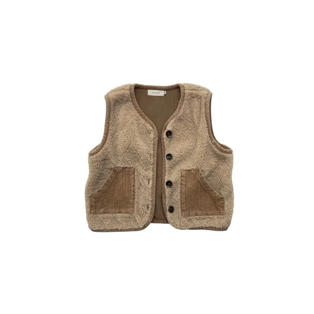 Kitto.Label Kids Sherpa Fleece Vest Tan Brown Corduroy Trim Size 3Y 100